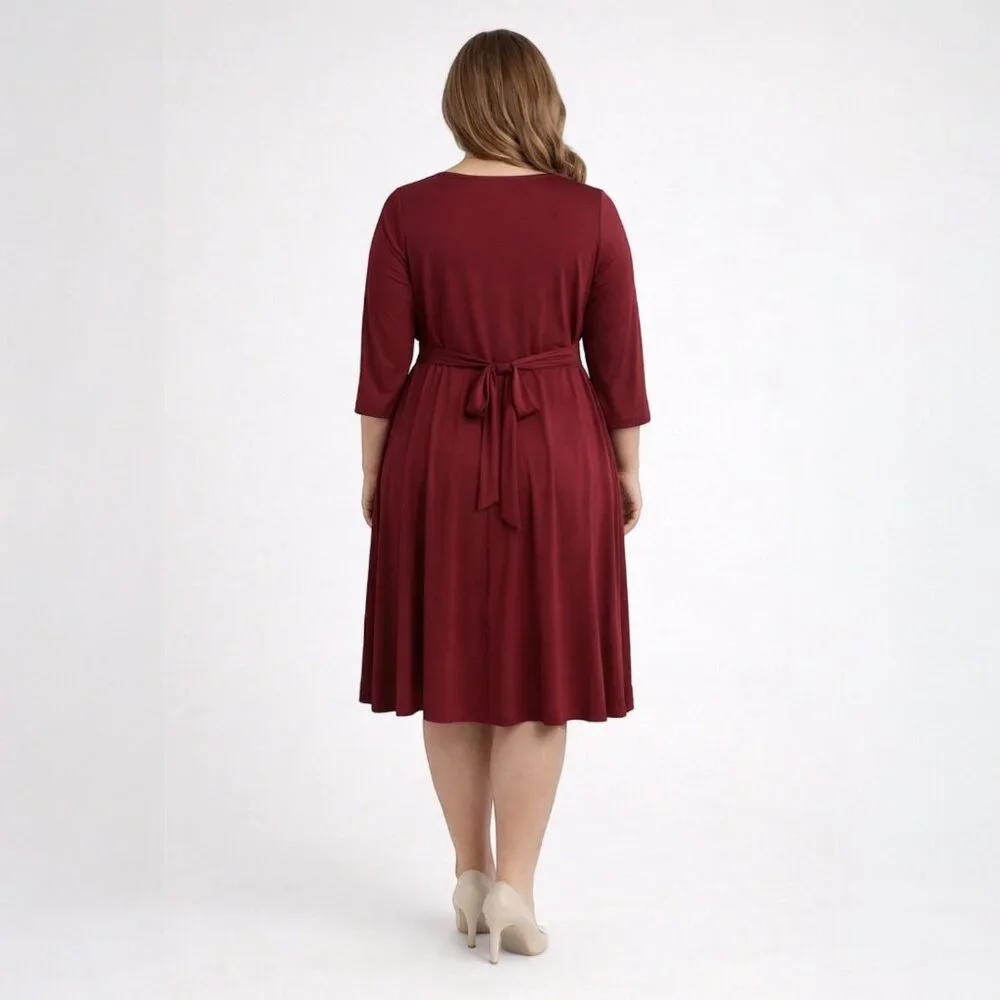 Flattering Burgundy Faux Wrap V-Neck Pleated Dress XL Self Tie Belt - Picture 2 of 6
